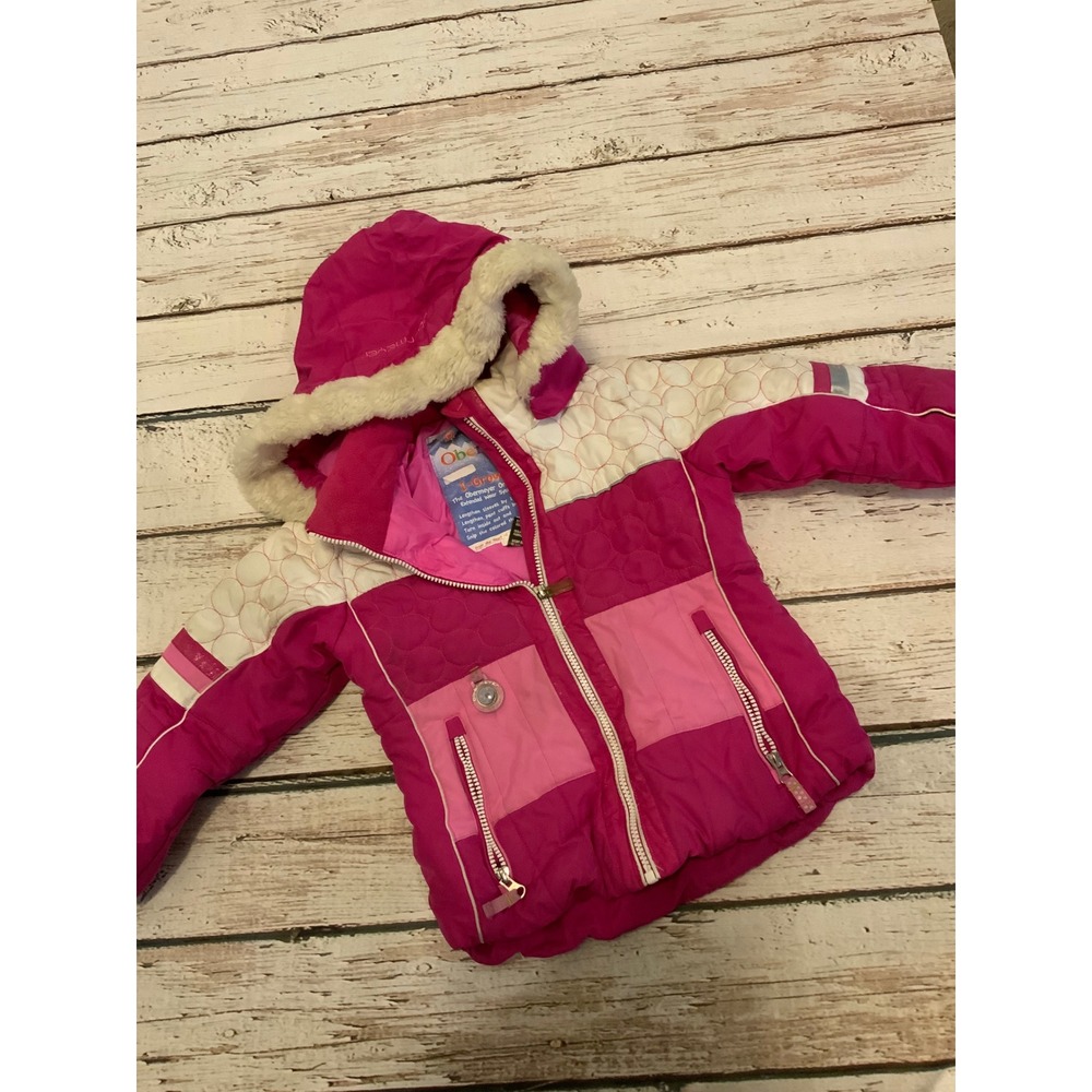Obermeyer I-Grow Girls Pink White Quilted Hooded Ski Jacket Coat Kids Size 5